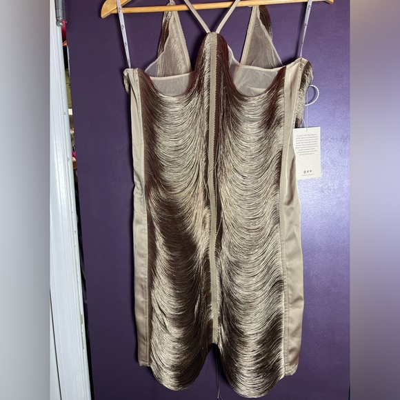 Halterneck Fringe Mini Dress In Olive — Large - Picture 2 of 9